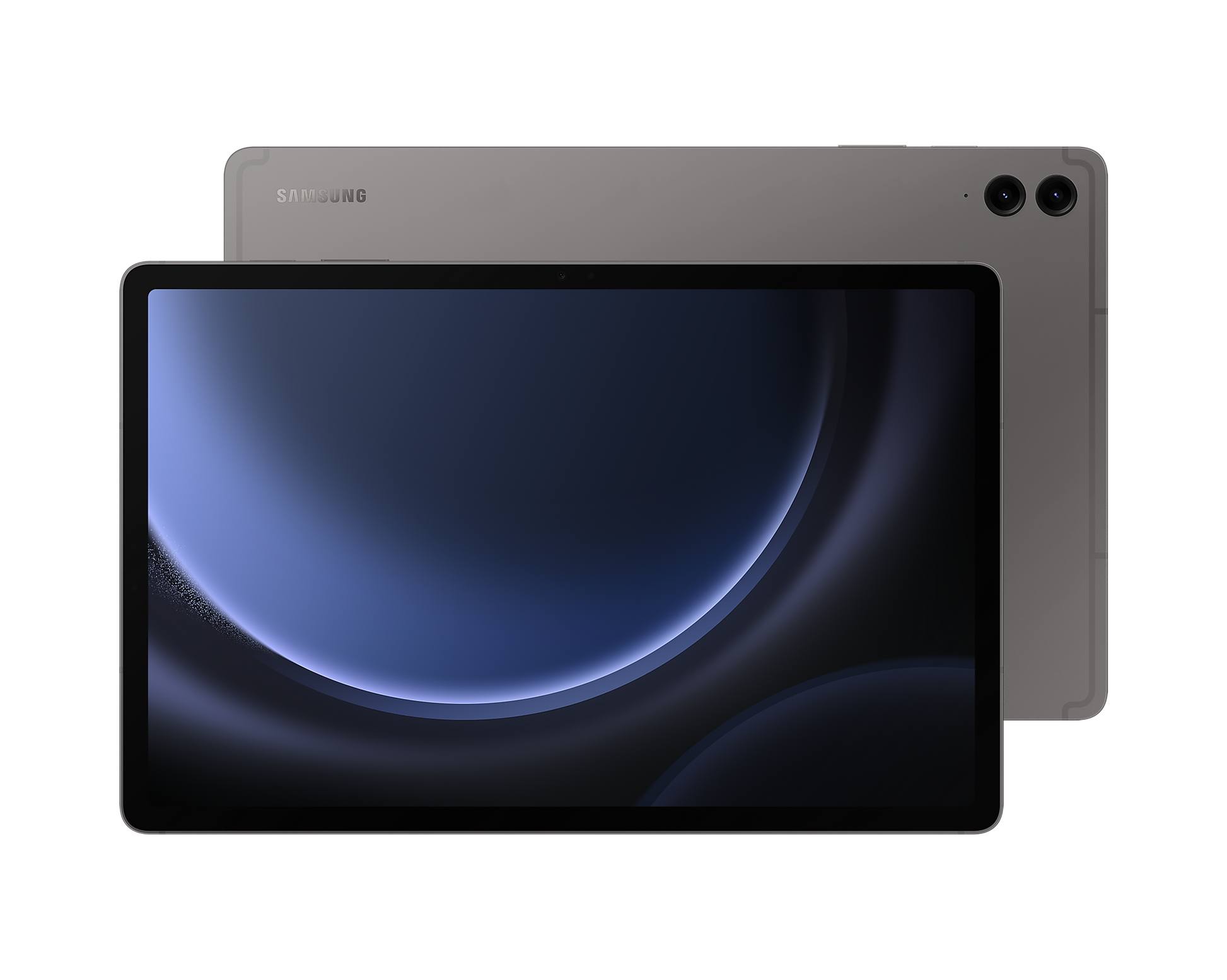Galaxy Tab S9 FE+ 5G tablet in gray, front display and rear cameras visible