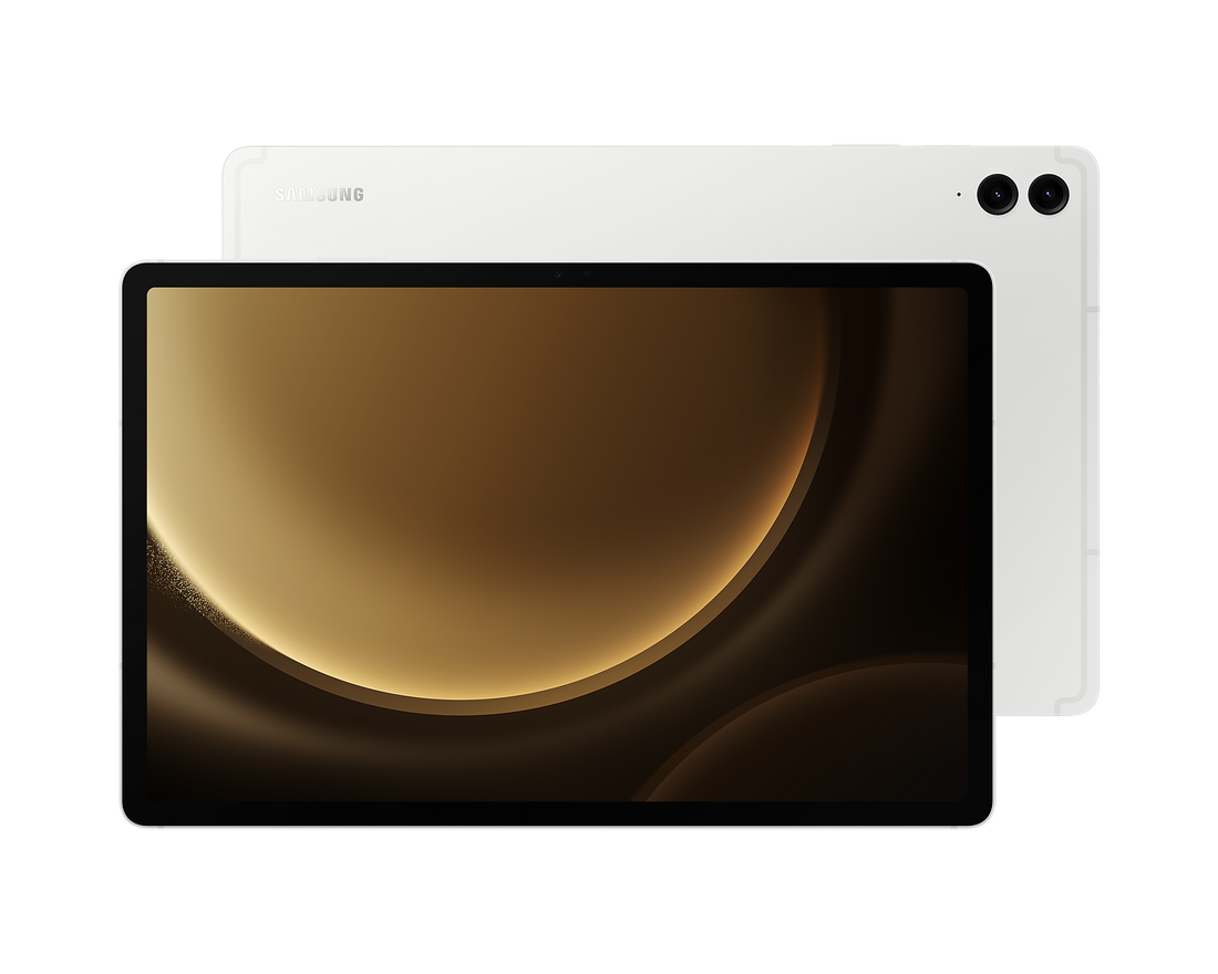 Galaxy Tab S9 FE+ 5G tablet in silver with front screen and dual rear cameras
