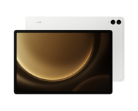 Galaxy Tab S9 FE+ 5G tablet in silver with front screen and dual rear cameras