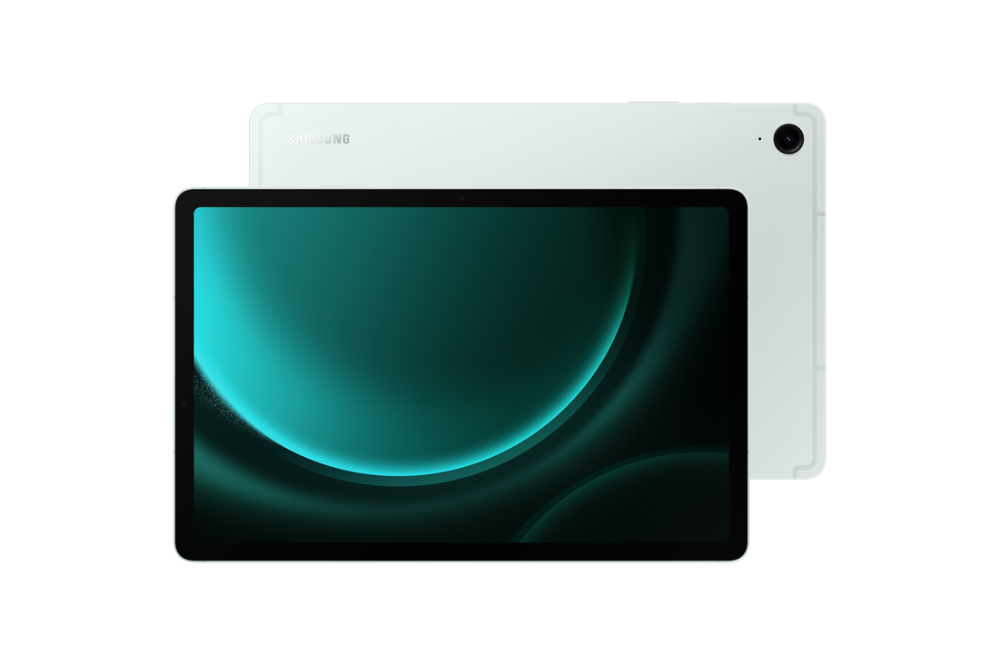 Samsung Galaxy Tab S9 FE mint tablet front with matching back