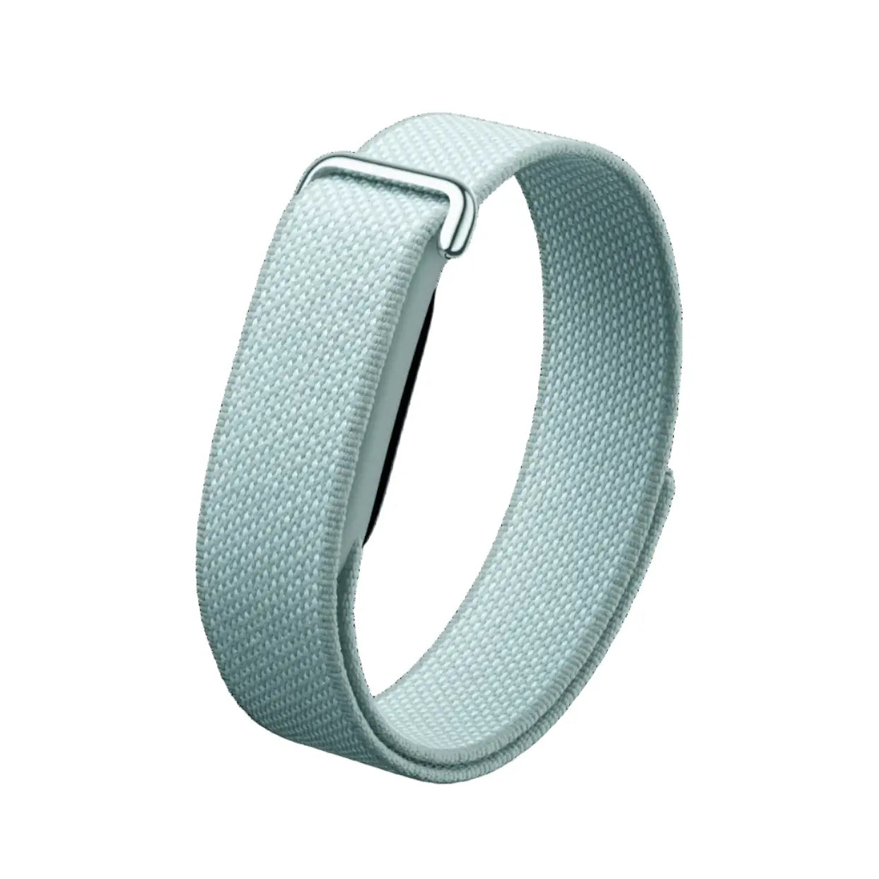 Light teal fabric health tracker band with metal buckle and loop clasp