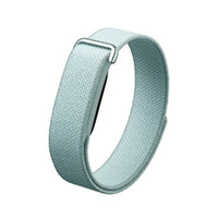 Light teal fabric health tracker band with metal buckle and loop clasp
