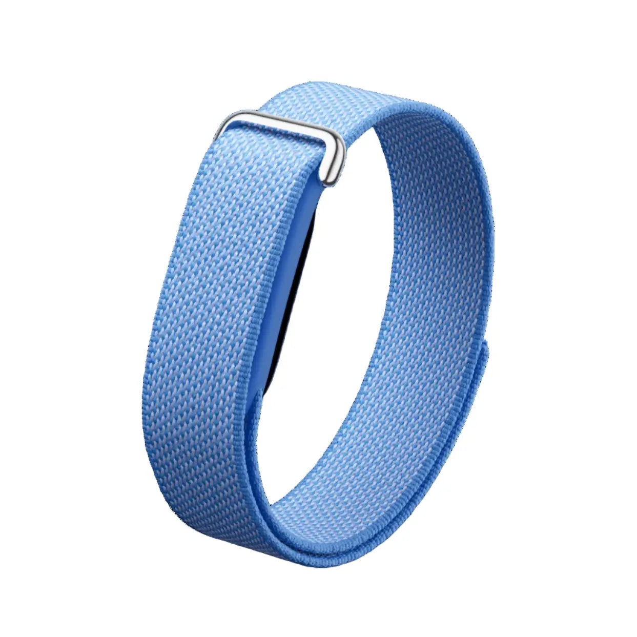 Light blue fabric health tracker band with metal buckle and loop clasp