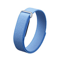 Light blue fabric health tracker band with metal buckle and loop clasp
