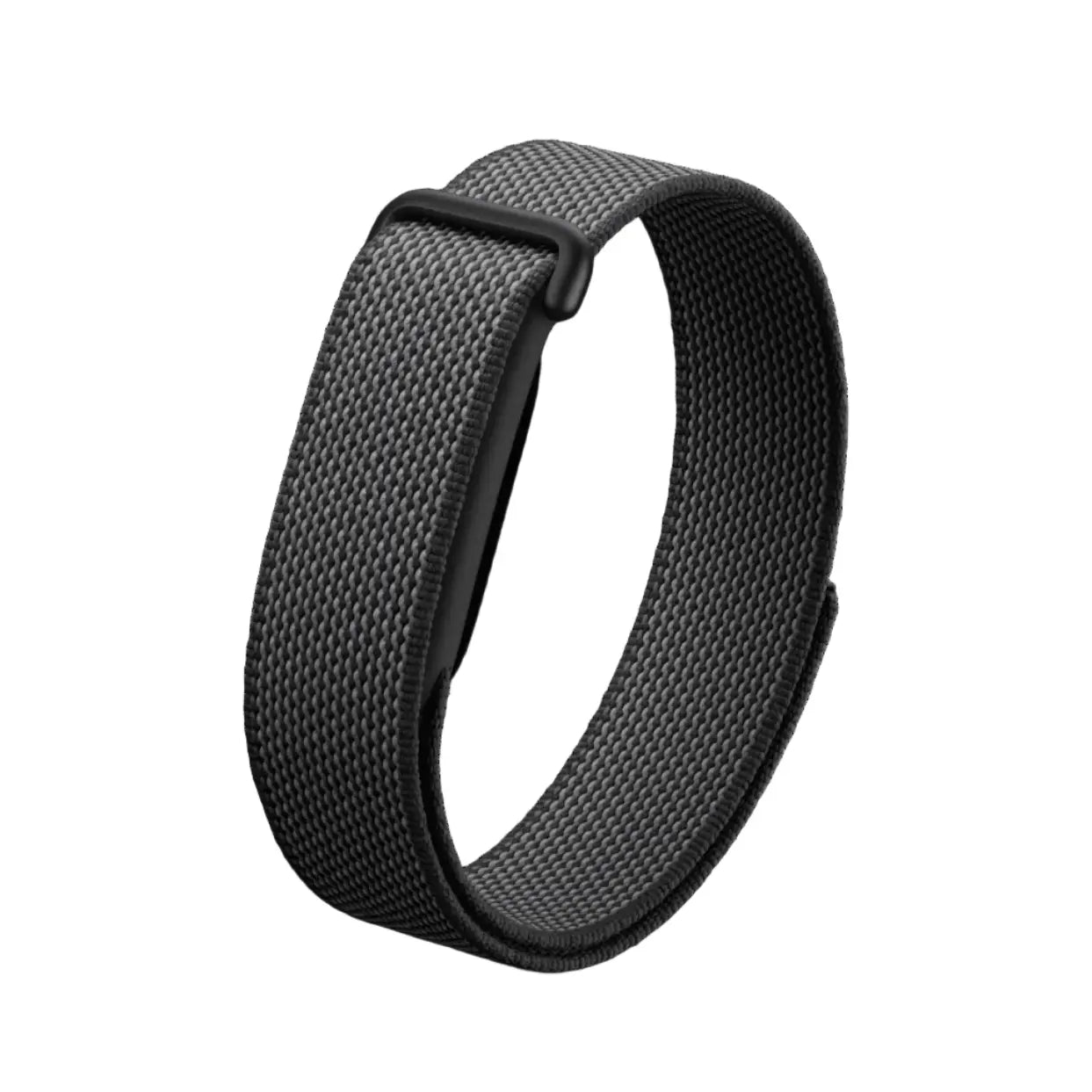 Dark gray fabric health tracker band with metal buckle and loop clasp