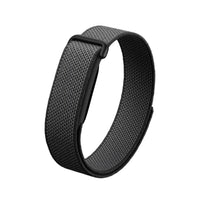 Dark gray fabric health tracker band with metal buckle and loop clasp