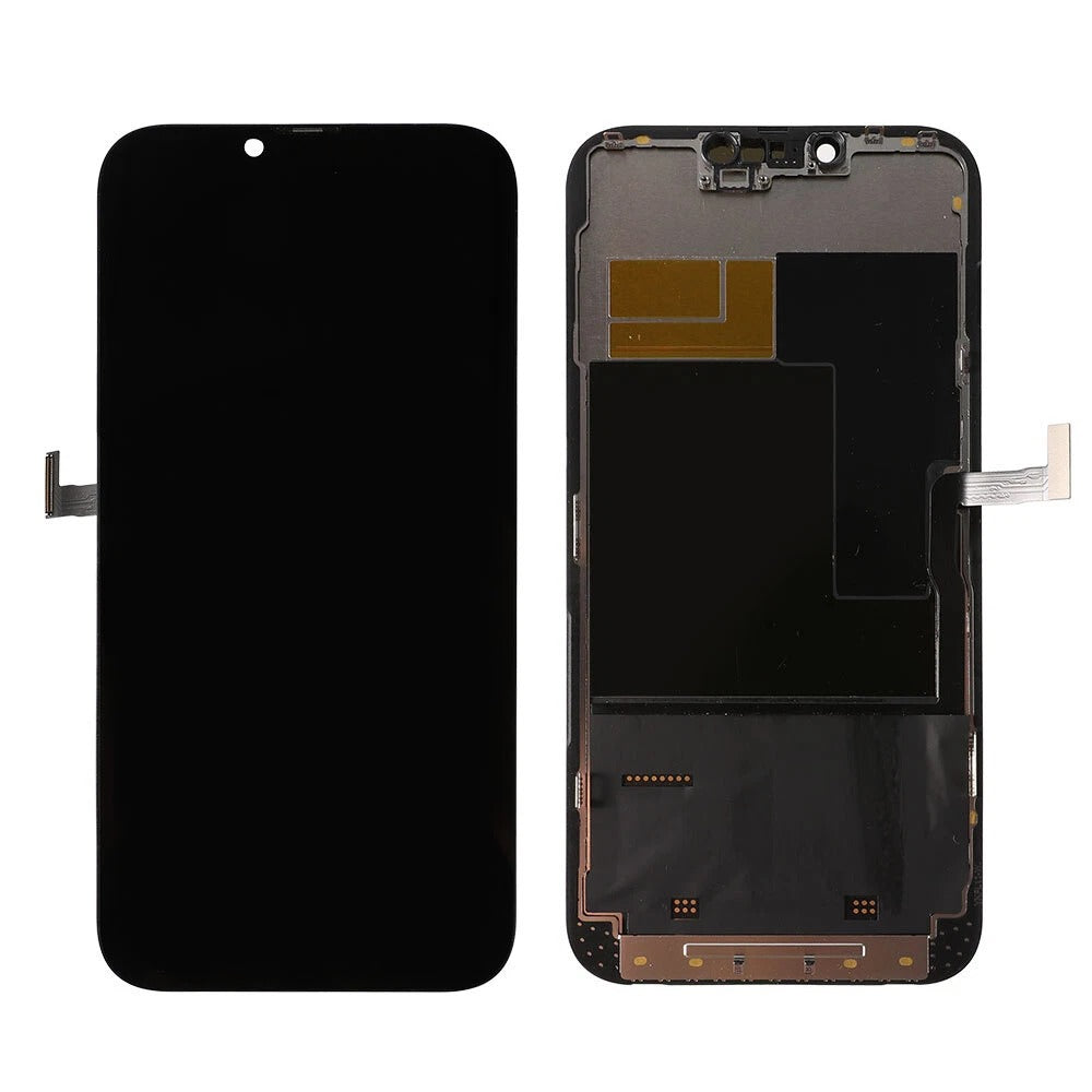 iPhone 13 Pro Max display replacement showing internal flex cables and front glass