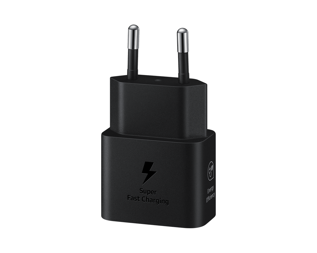 Black 25W USB-C PD travel adapter with two prongs and Super Fast Charging label