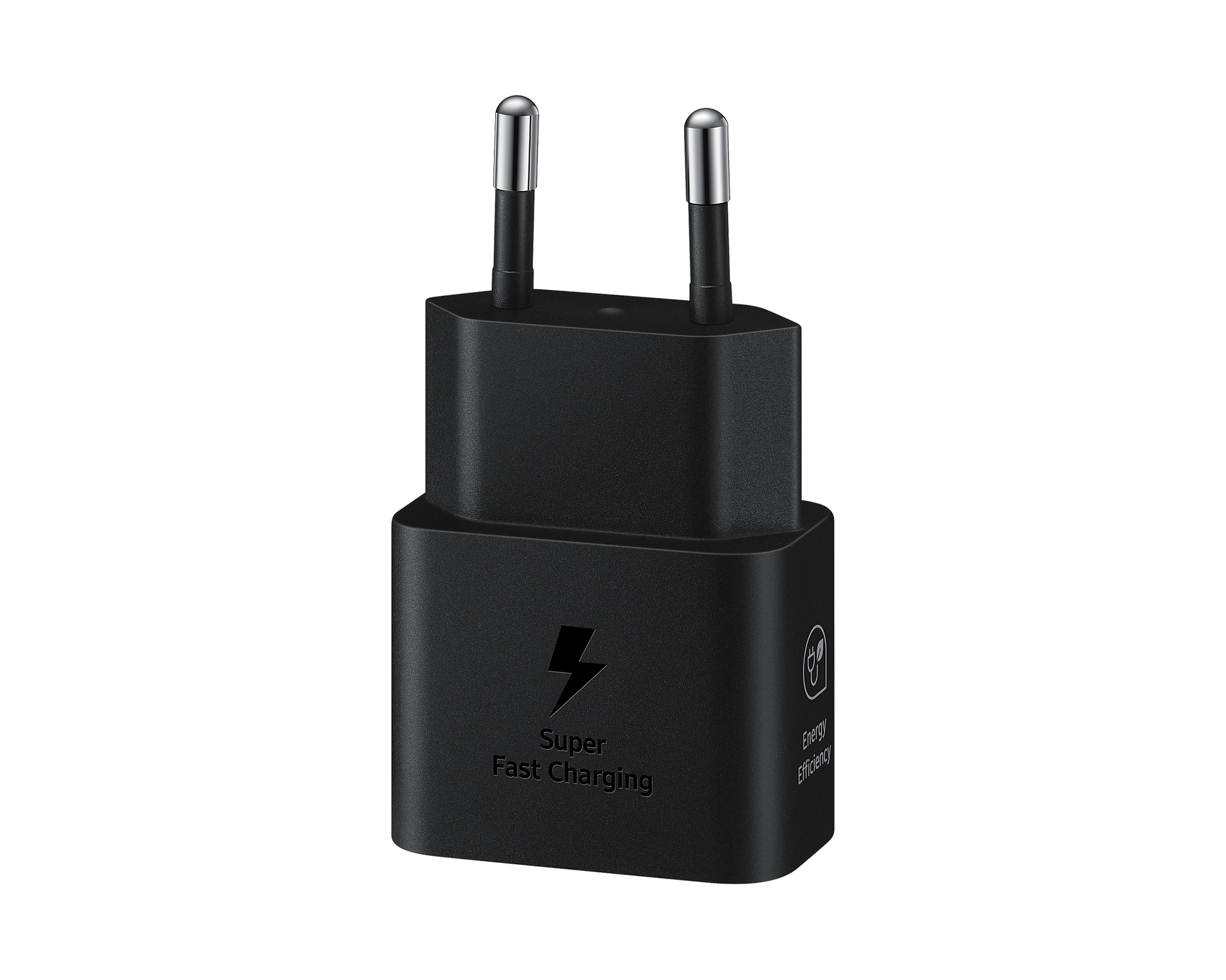 Black 25W USB-C PD travel adapter with two prongs and Super Fast Charging label