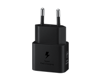 Black 25W USB-C PD travel adapter with two prongs and Super Fast Charging label