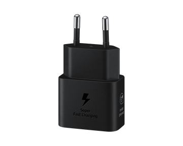 Black 25W USB-C PD travel adapter with two prongs and Super Fast Charging label