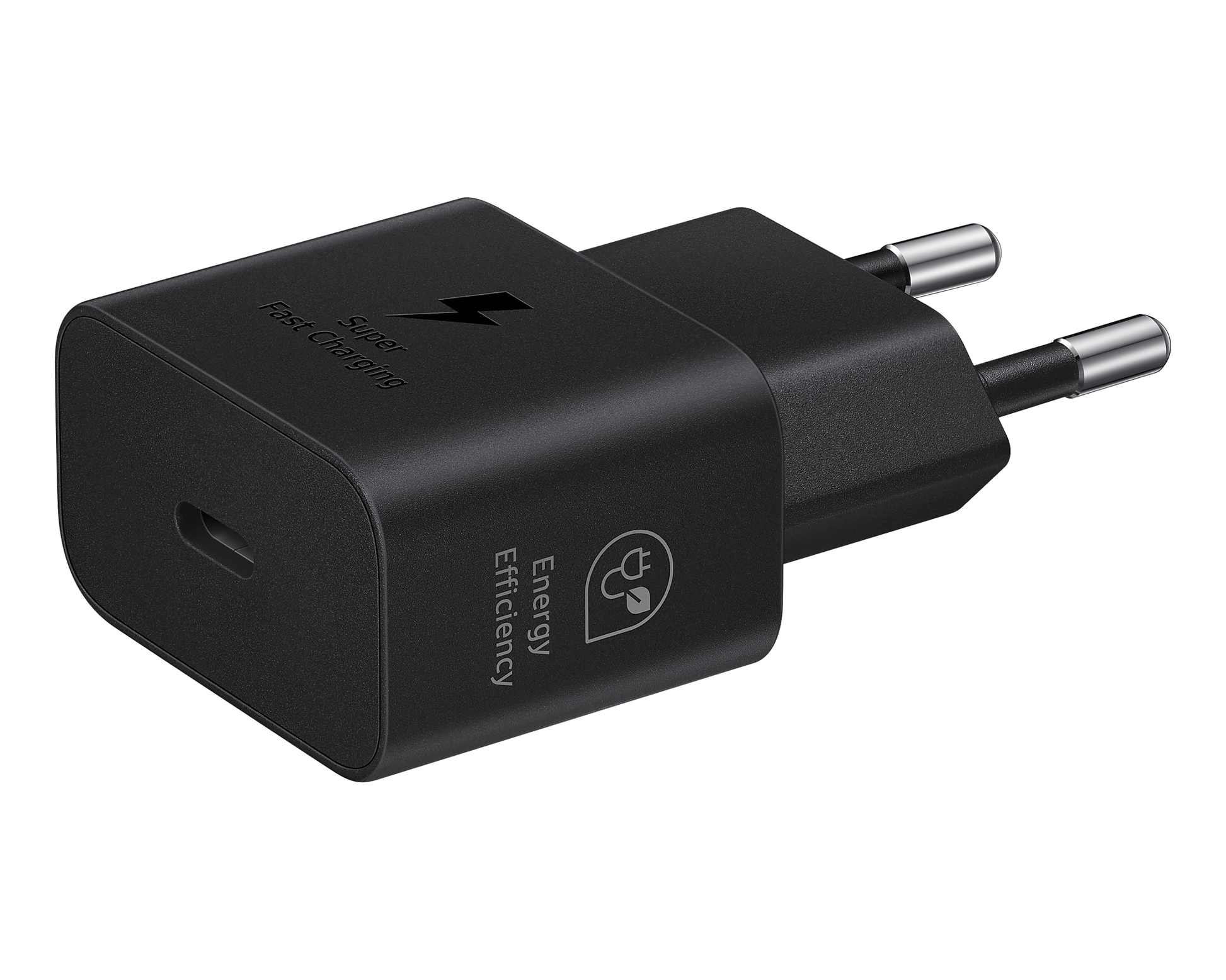 Black USB-C PD adapter angled view, energy efficiency and Super Fast Charging markings