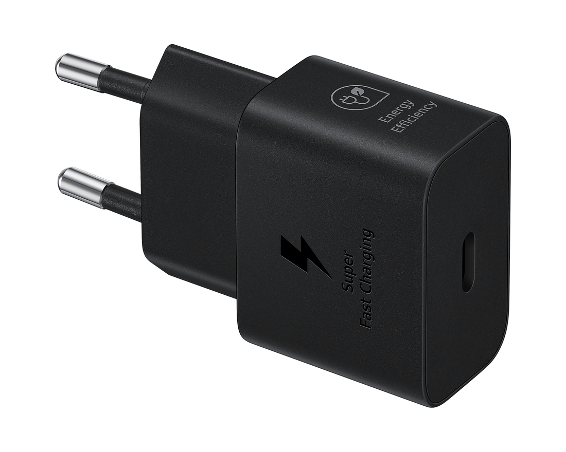 Black USB-C PD charger block with two prongs, Super Fast Charging and Energy Efficiency icons