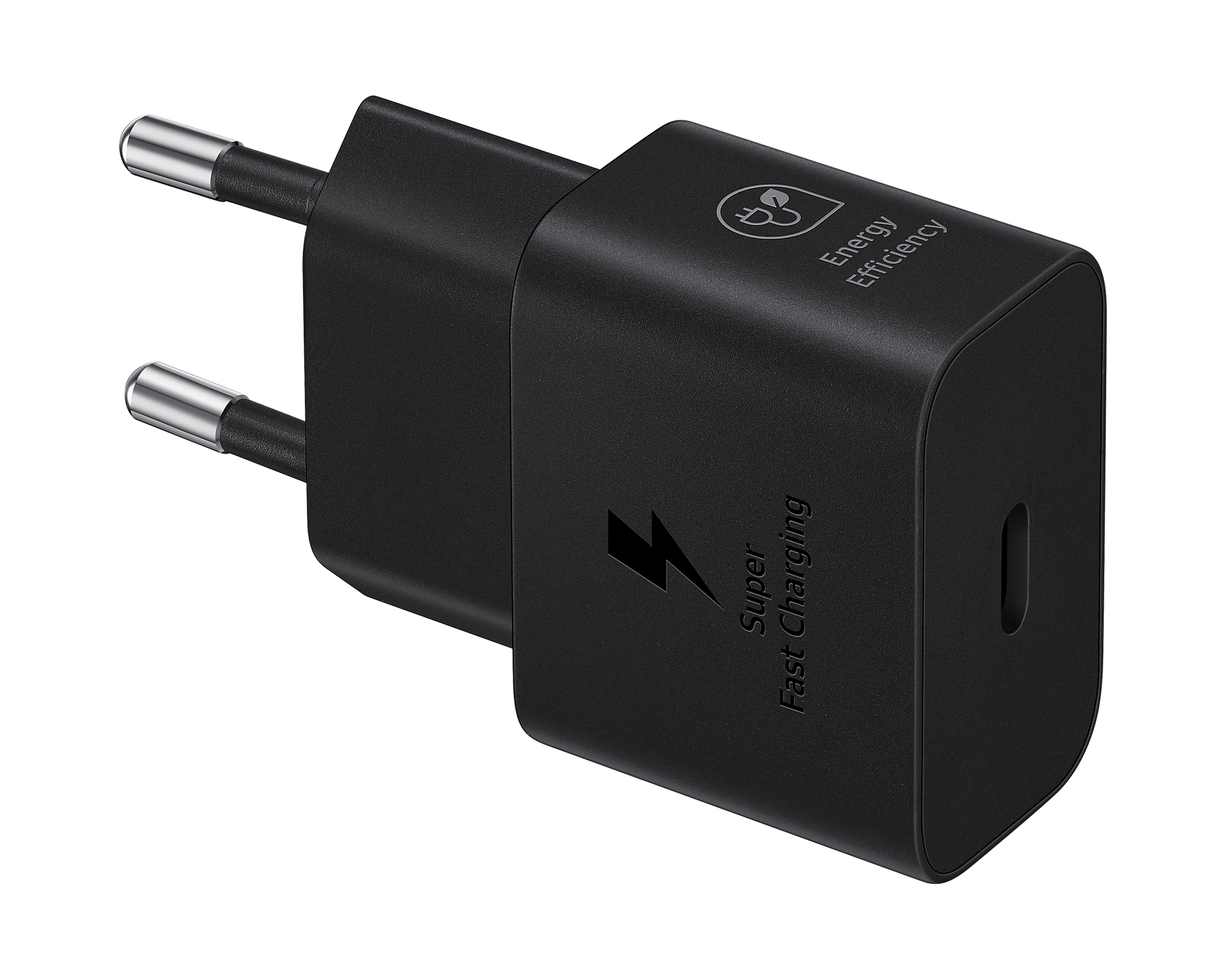 Black USB-C PD charger block with two prongs, Super Fast Charging and Energy Efficiency icons