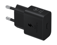 Black USB-C PD charger block with two prongs, Super Fast Charging and Energy Efficiency icons