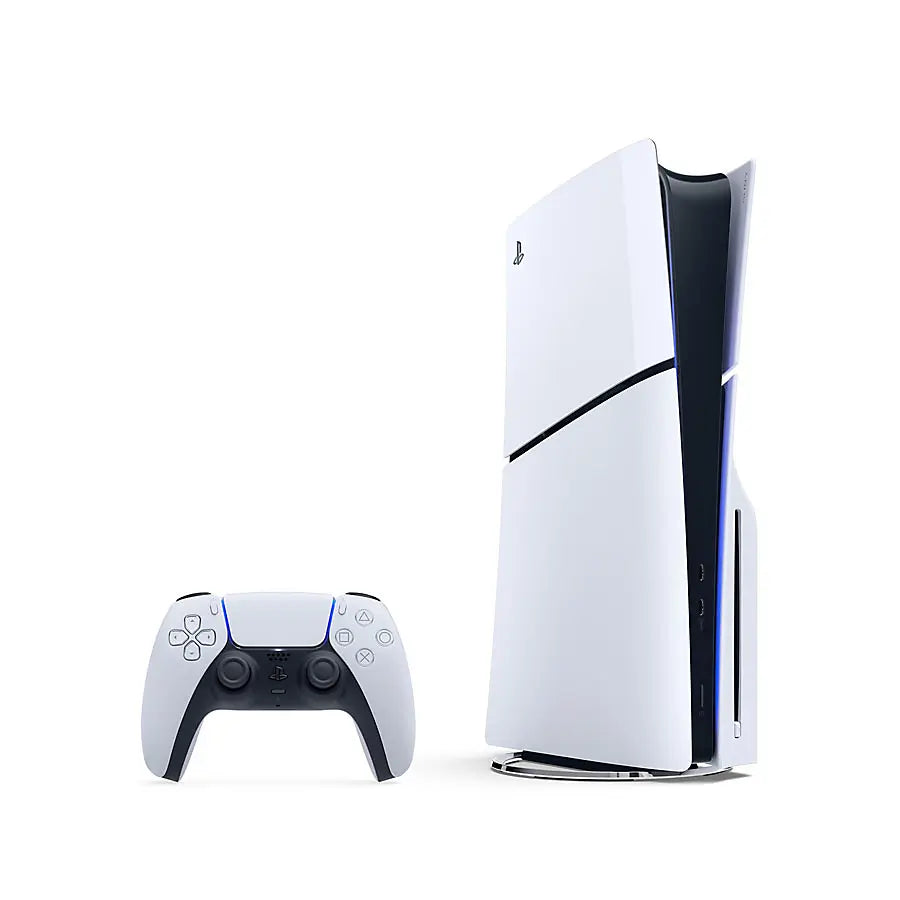 PlayStation 5 Slim console with white DualSense wireless controller, side view