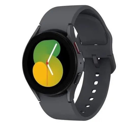 Smartwatch with black strap and round black display, green/yellow watchface and metal bezel