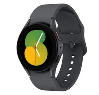 Smartwatch with black strap and round black display, green/yellow watchface and metal bezel