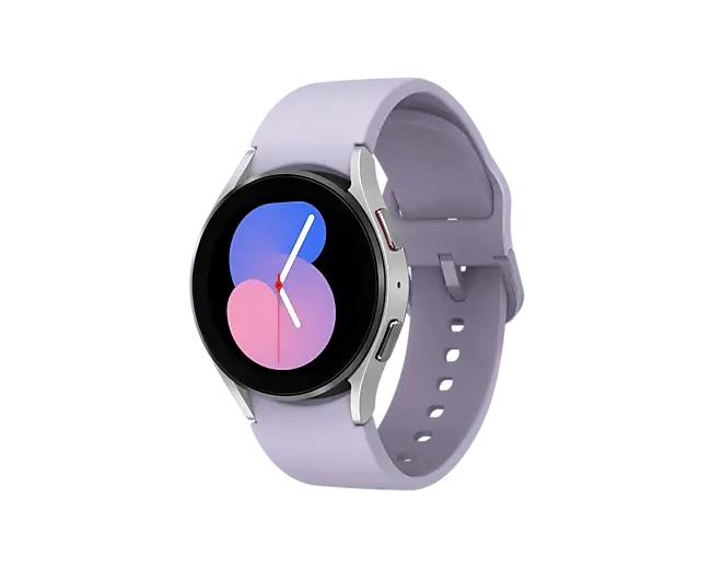Smartwatch with light purple strap and round black display, blue/pink watchface and metal bezel