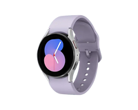Smartwatch with light purple strap and round black display, blue/pink watchface and metal bezel