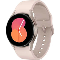 Smartwatch with pink strap and round black display, colorful watchface and metal bezel