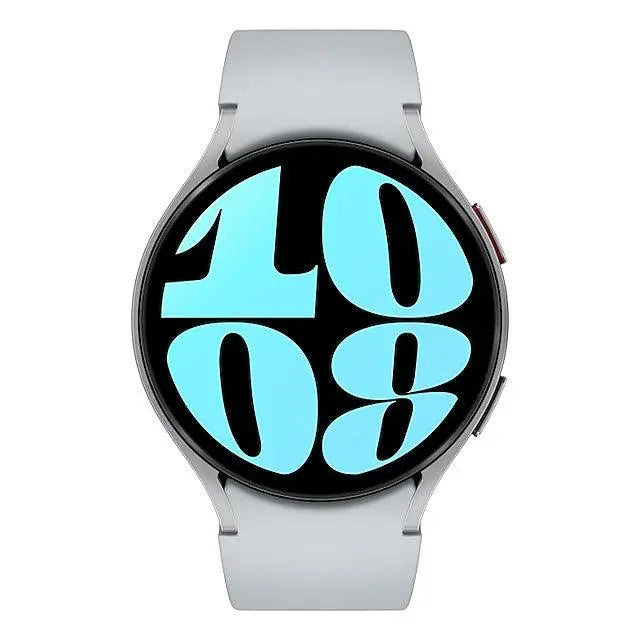 Silver smart watch with neon blue digital display and light gray silicone strap