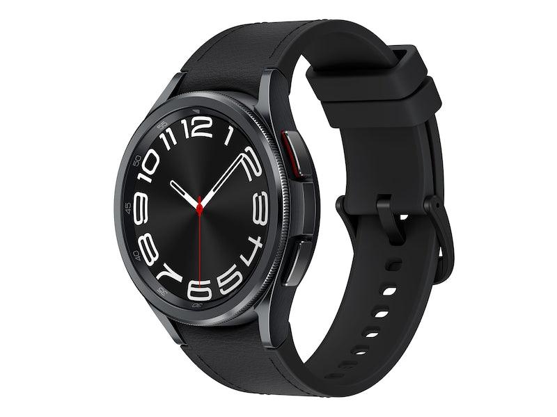 Galaxy Watch 6 Classic black case, red-accent watch face, black silicone band
