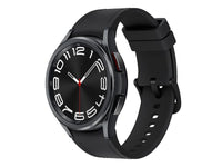 Galaxy Watch 6 Classic black case, red-accent watch face, black silicone band