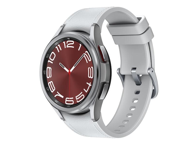 Galaxy Watch 6 Classic silver case, red-accent watch face, light gray silicone band