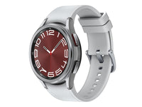Galaxy Watch 6 Classic silver case, red-accent watch face, light gray silicone band