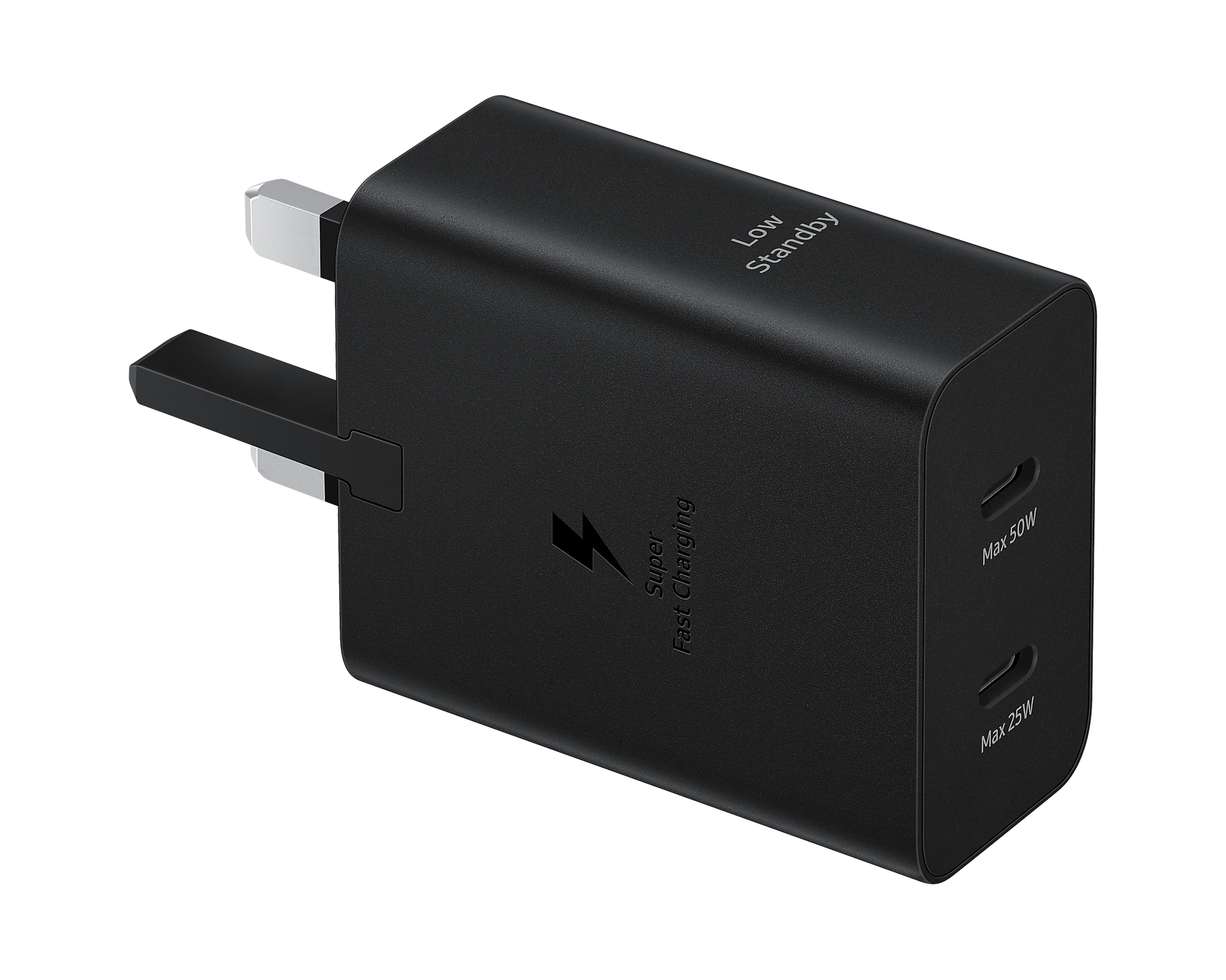 Black USB‑C dual travel adapter with Max 50W and Max 25W ports