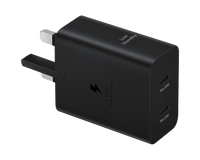 Black USB‑C dual travel adapter with Max 50W and Max 25W ports
