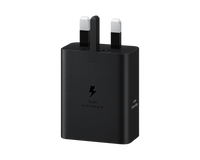 Black USB‑C duo travel adapter with two plug heads and fast charging