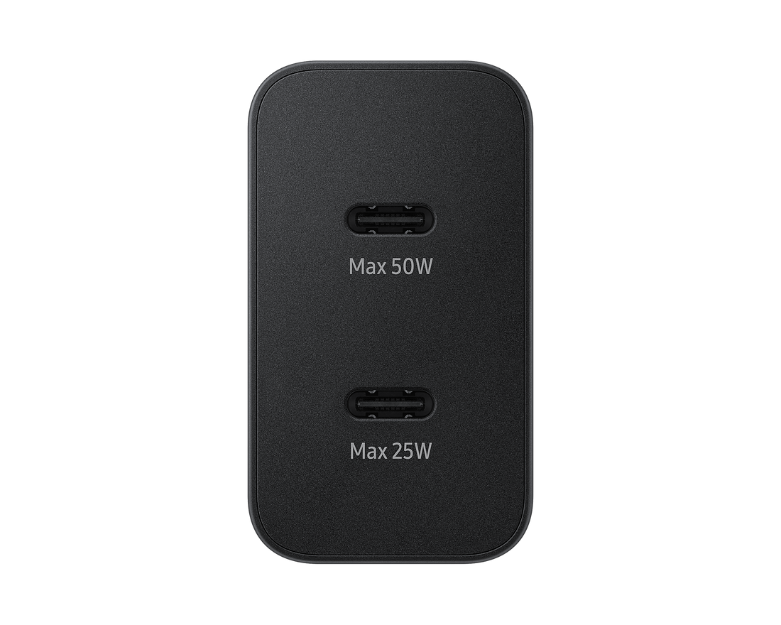 Rear view of black USB‑C dual charger showing Max 50W and Max 25W