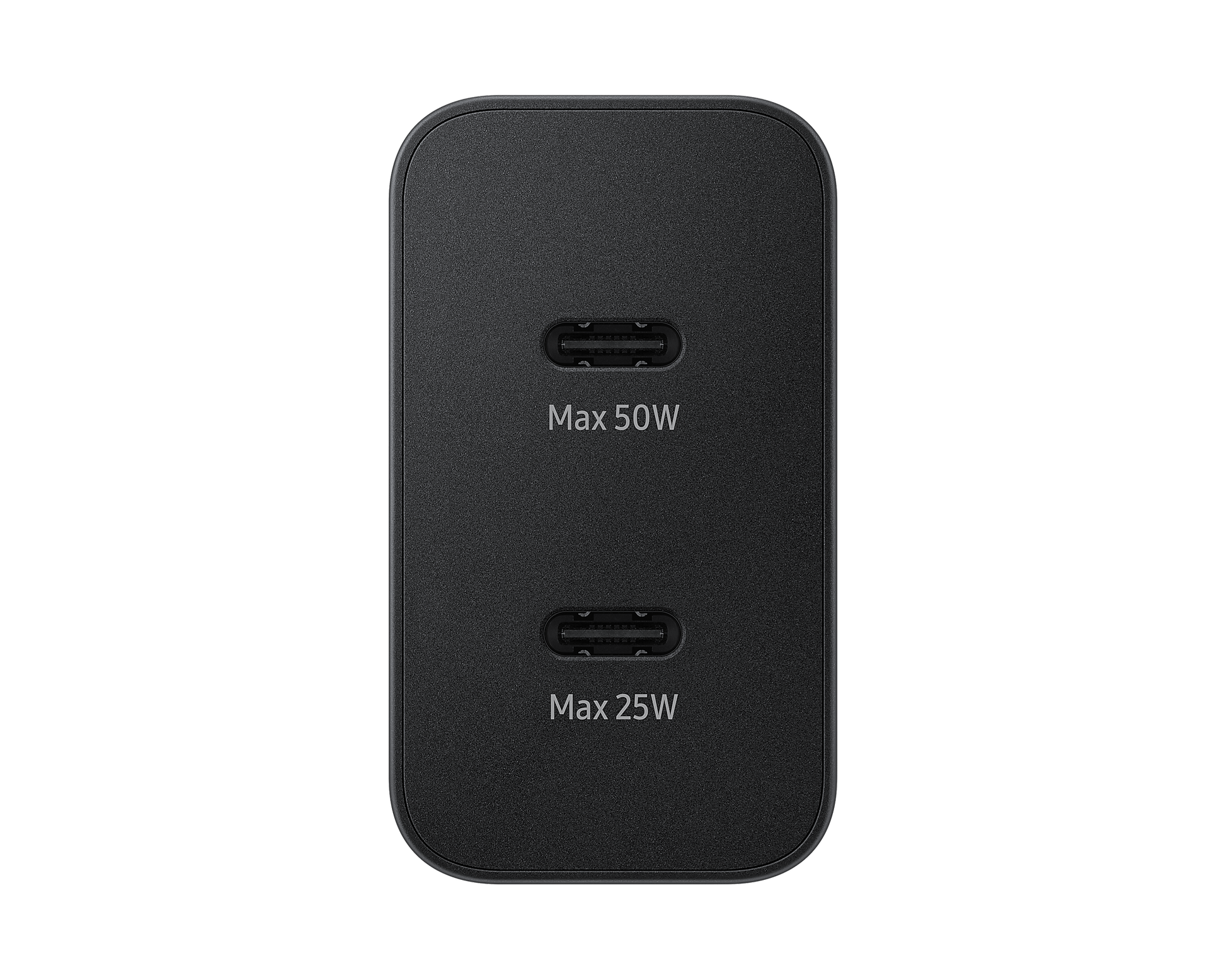 Rear view of black USB‑C dual charger showing Max 50W and Max 25W