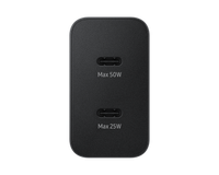 Rear view of black USB‑C dual charger showing Max 50W and Max 25W