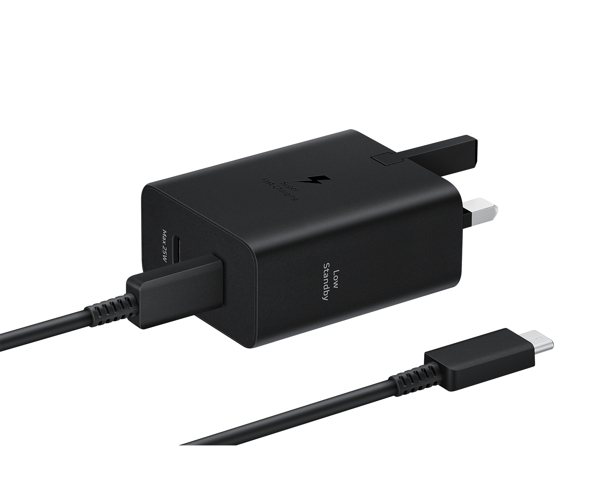 Black USB‑C travel adapter with attached USB‑C cable and dual fast charging