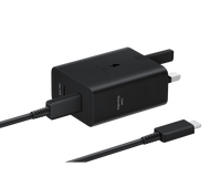 Black USB‑C travel adapter with attached USB‑C cable and dual fast charging
