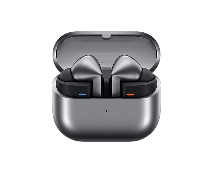 Silver Galaxy Buds 3 Pro earbuds in open charging case, blue and orange indicator lights