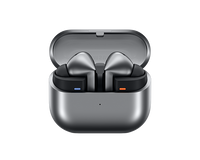 Silver Galaxy Buds 3 Pro earbuds in open charging case, blue and orange indicator lights