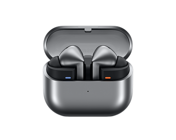 Wireless earbuds with silver charging case, open view with black earbud stems