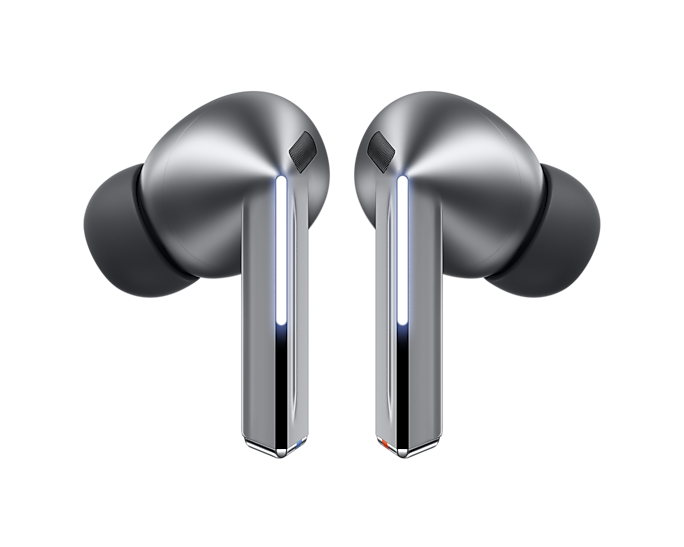 Silver Galaxy Buds 3 Pro earbuds, front view with glowing stems and rounded eartips