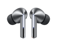 Silver Galaxy Buds 3 Pro earbuds, front view with glowing stems and rounded eartips