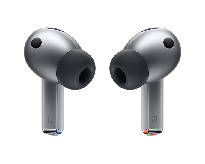 Silver Galaxy Buds 3 Pro earbuds, left (L) and right (R) markers with black tips