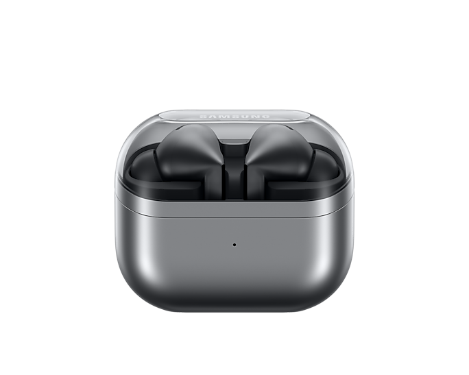 Silver Galaxy Buds 3 Pro earbuds with closed charging case, black inner tips visible