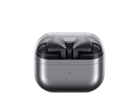 Silver Galaxy Buds 3 Pro earbuds with closed charging case, black inner tips visible