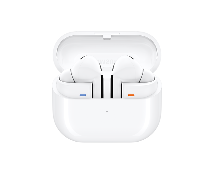 White Galaxy Buds 3 Pro earbuds in open charging case, blue and orange indicator lights