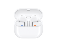 White Galaxy Buds 3 Pro earbuds in open charging case, blue and orange indicator lights
