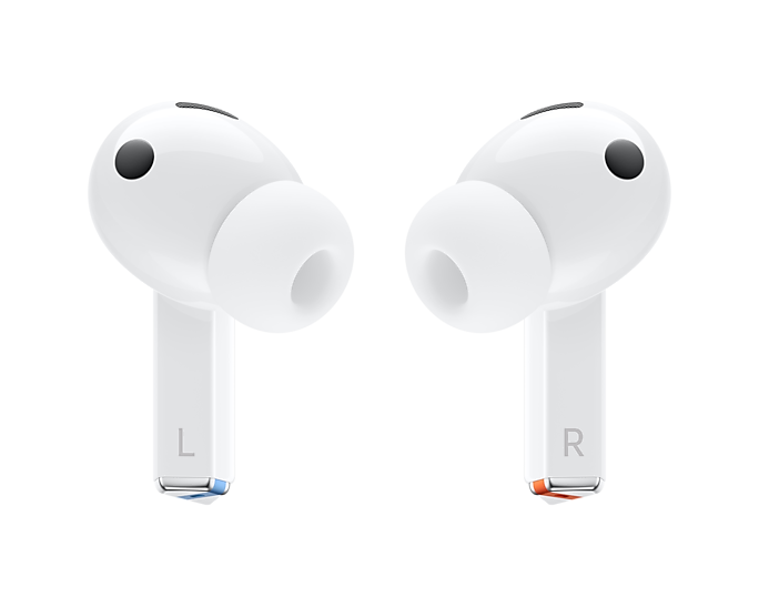 White Galaxy Buds 3 Pro earbuds with left (L) and right (R) labels and black tips