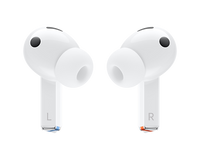 White Galaxy Buds 3 Pro earbuds with left (L) and right (R) labels and black tips